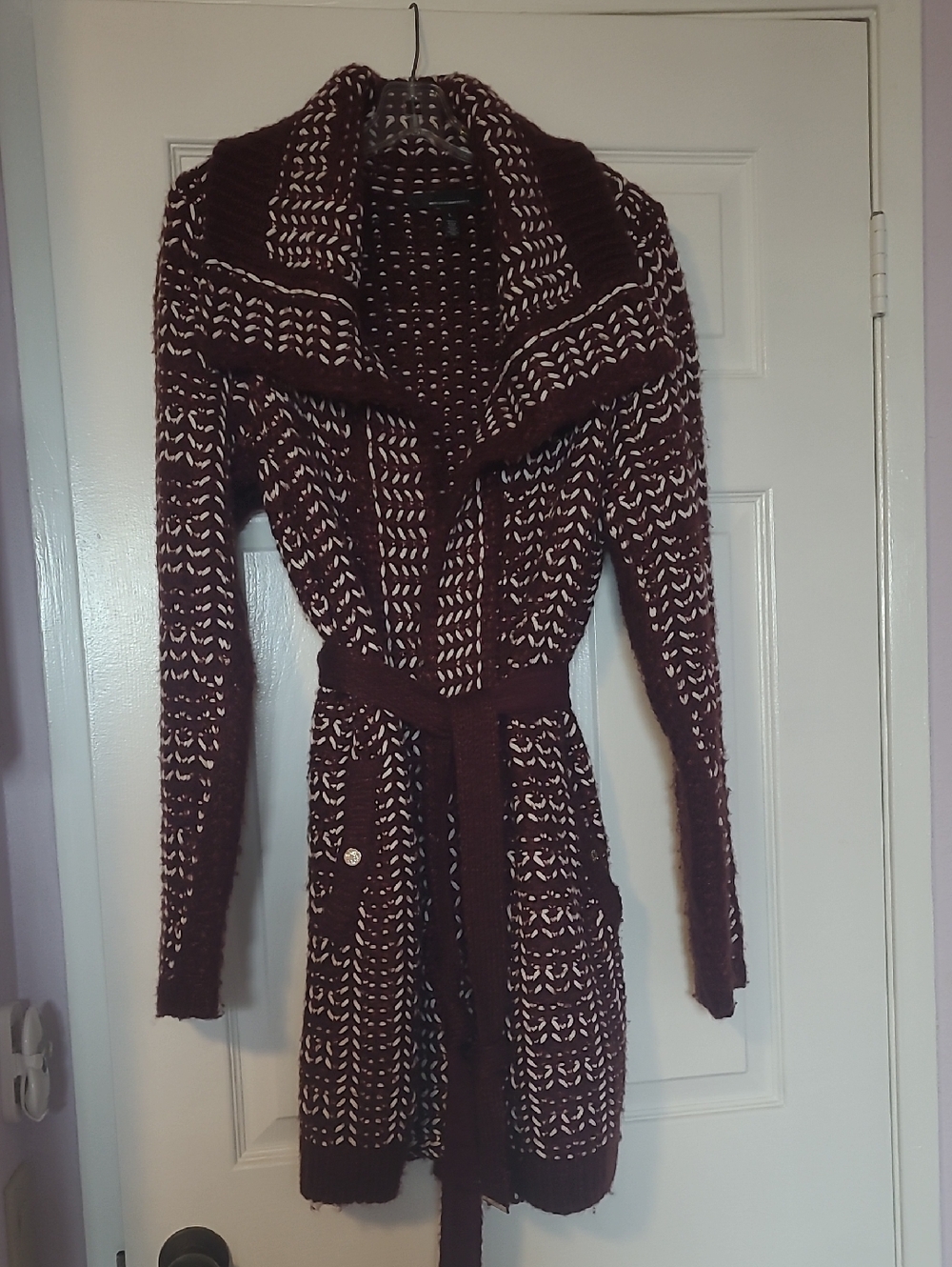 Cozy Maroon and Cream Knit Belted Cardigan Sweater